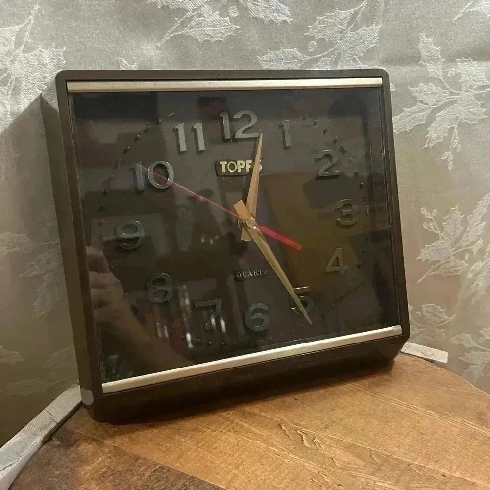 Vintage Topps Quartz Glass Face Brown Bordered Square Wall Clock